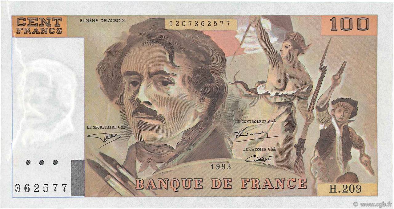 100 Francs DELACROIX UNIFACE FRANCE  1995 F.69bisU.05 SPL