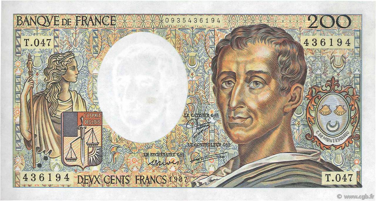 200 Francs MONTESQUIEU Fauté FRANCE  1987 F.70.07 XF+