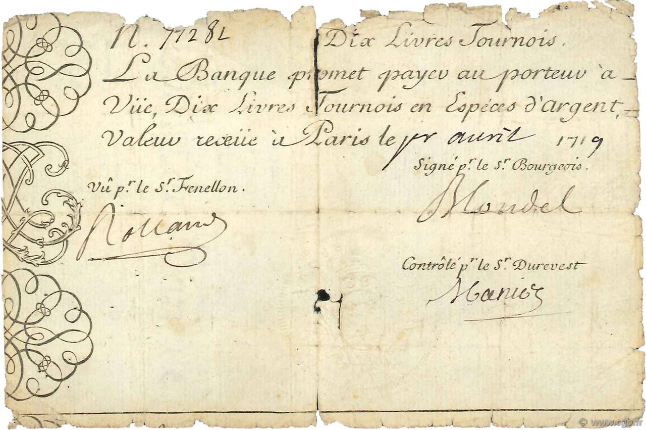 10 Livres Tournois gravé FRANKREICH  1719 Dor.01 fS