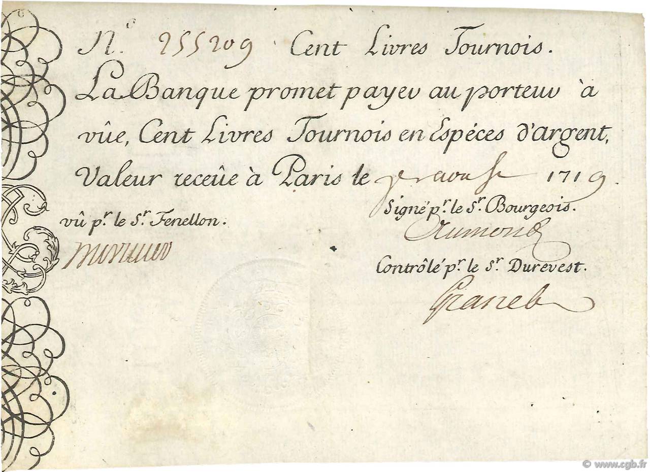 100 Livres Tournois gravé FRANCE  1719 Dor.07 TTB