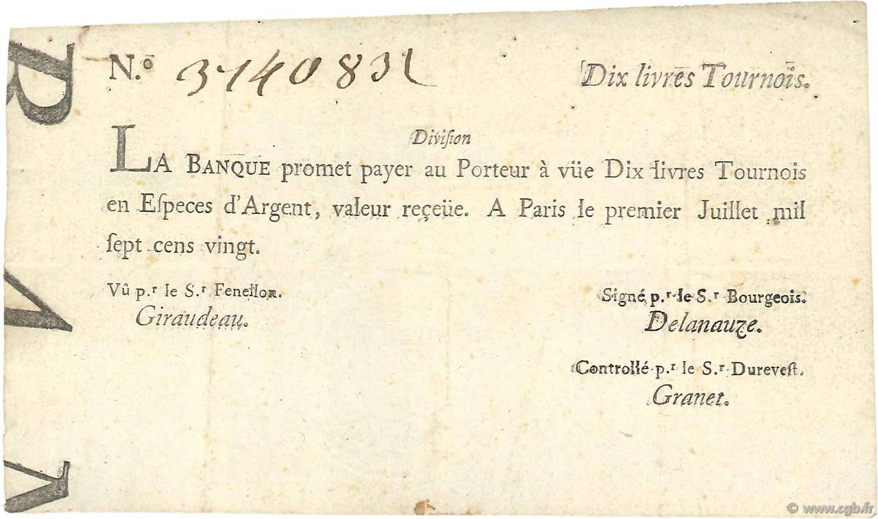 10 Livres Tournois typographié FRANCIA  1720 Dor.22 q.SPL