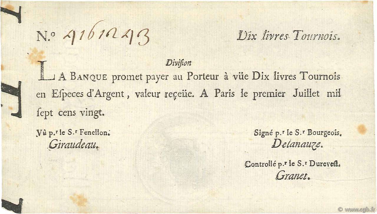 10 Livres Tournois typographié FRANCE  1720 Dor.22 SUP+