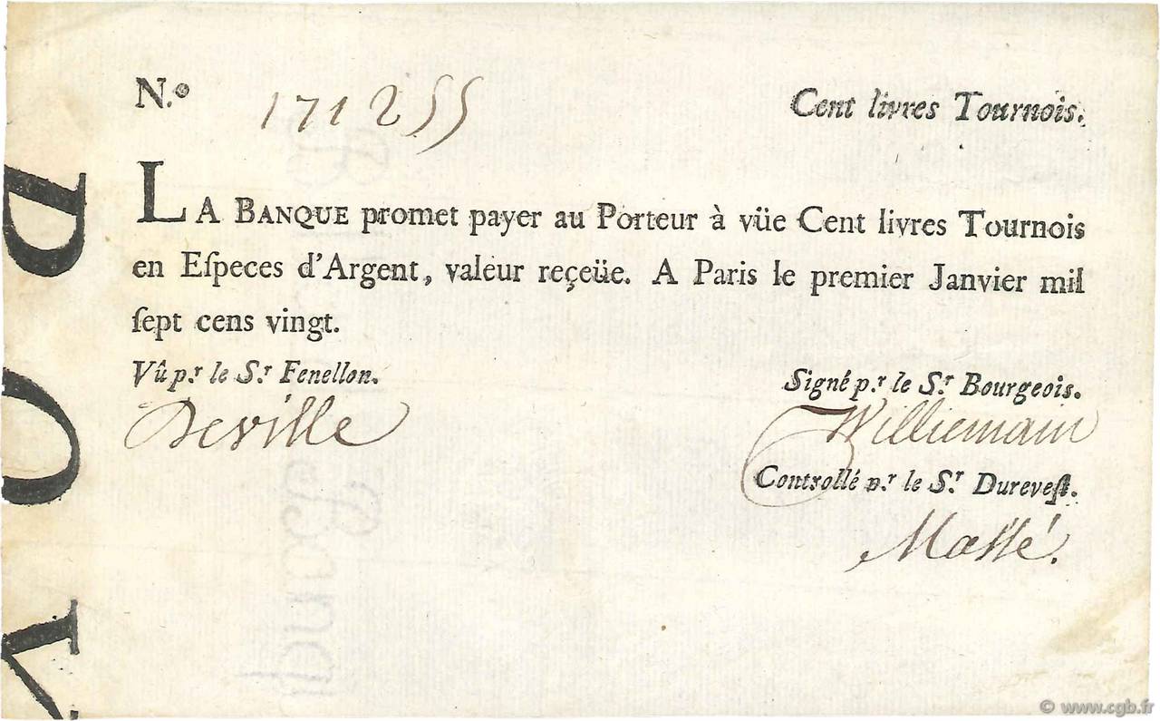 100 Livres Tournois typographié FRANCE  1720 Dor.26 XF