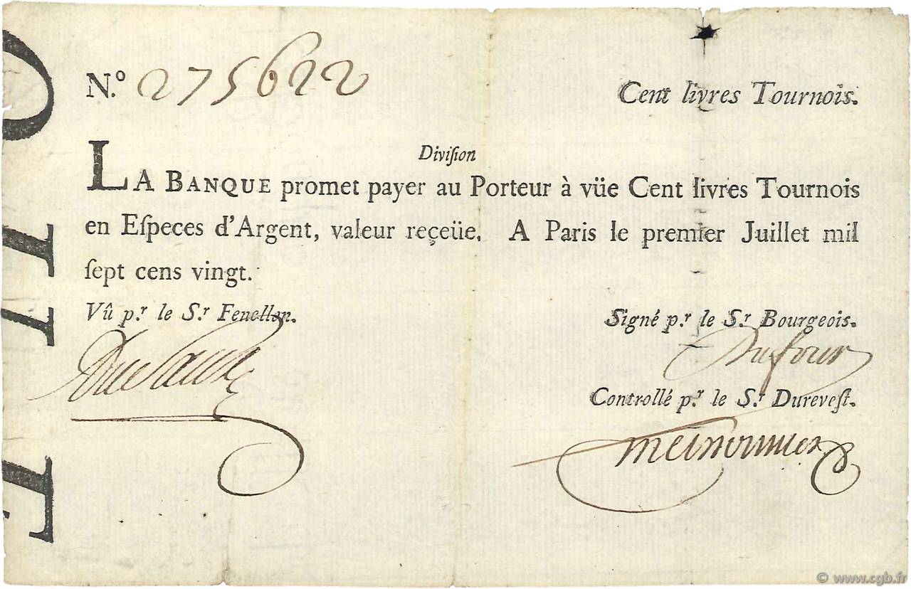 100 Livres Tournois typographié FRANCE  1720 Dor.27 TTB