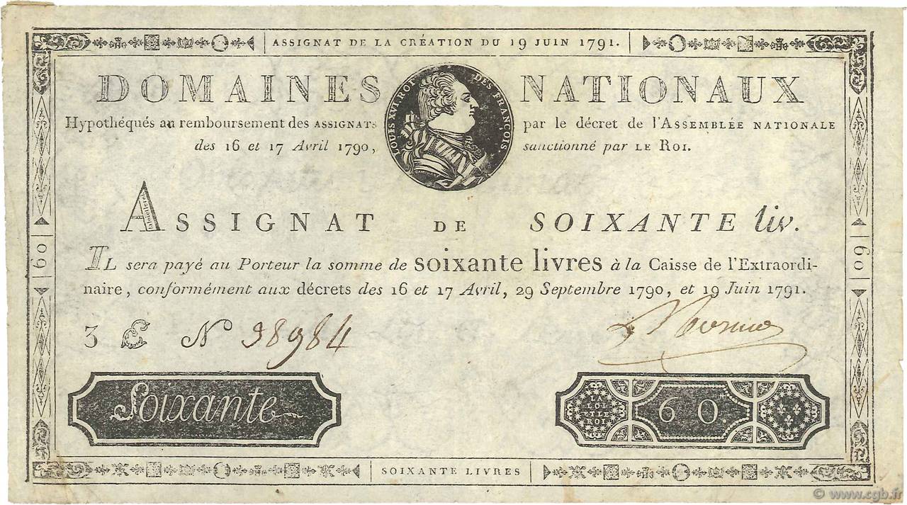 60 Livres FRANCE  1791 Ass.14a VF