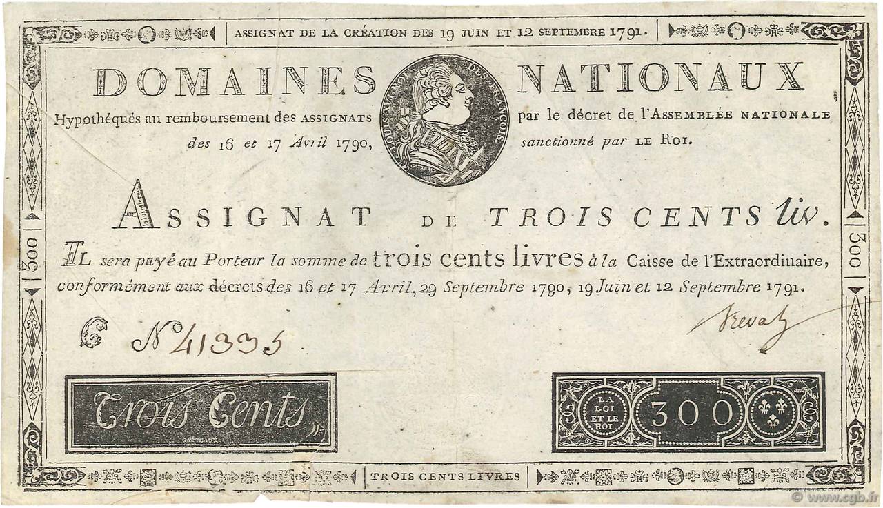 300 Livres FRANCE  1791 Ass.18a F+