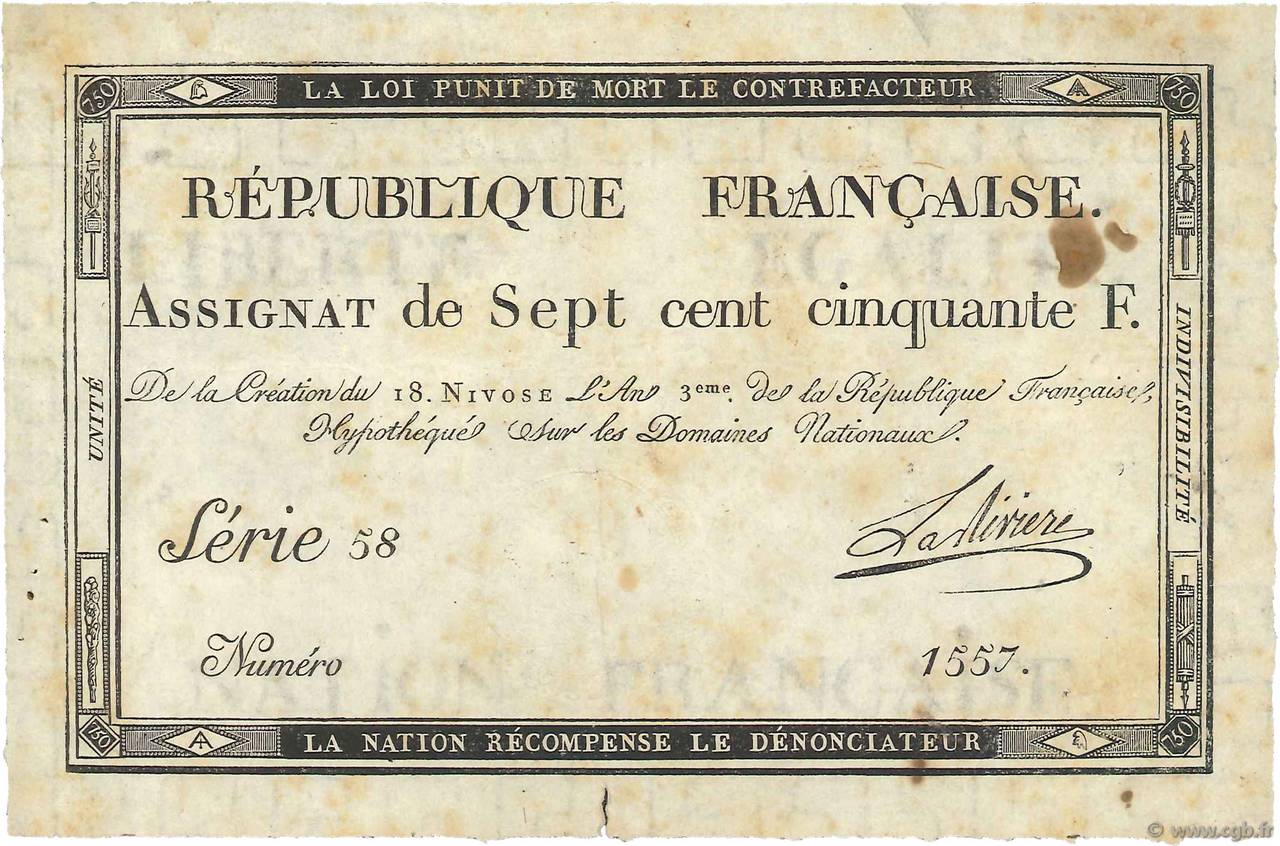 750 Francs FRANCE  1795 Ass.49a F+
