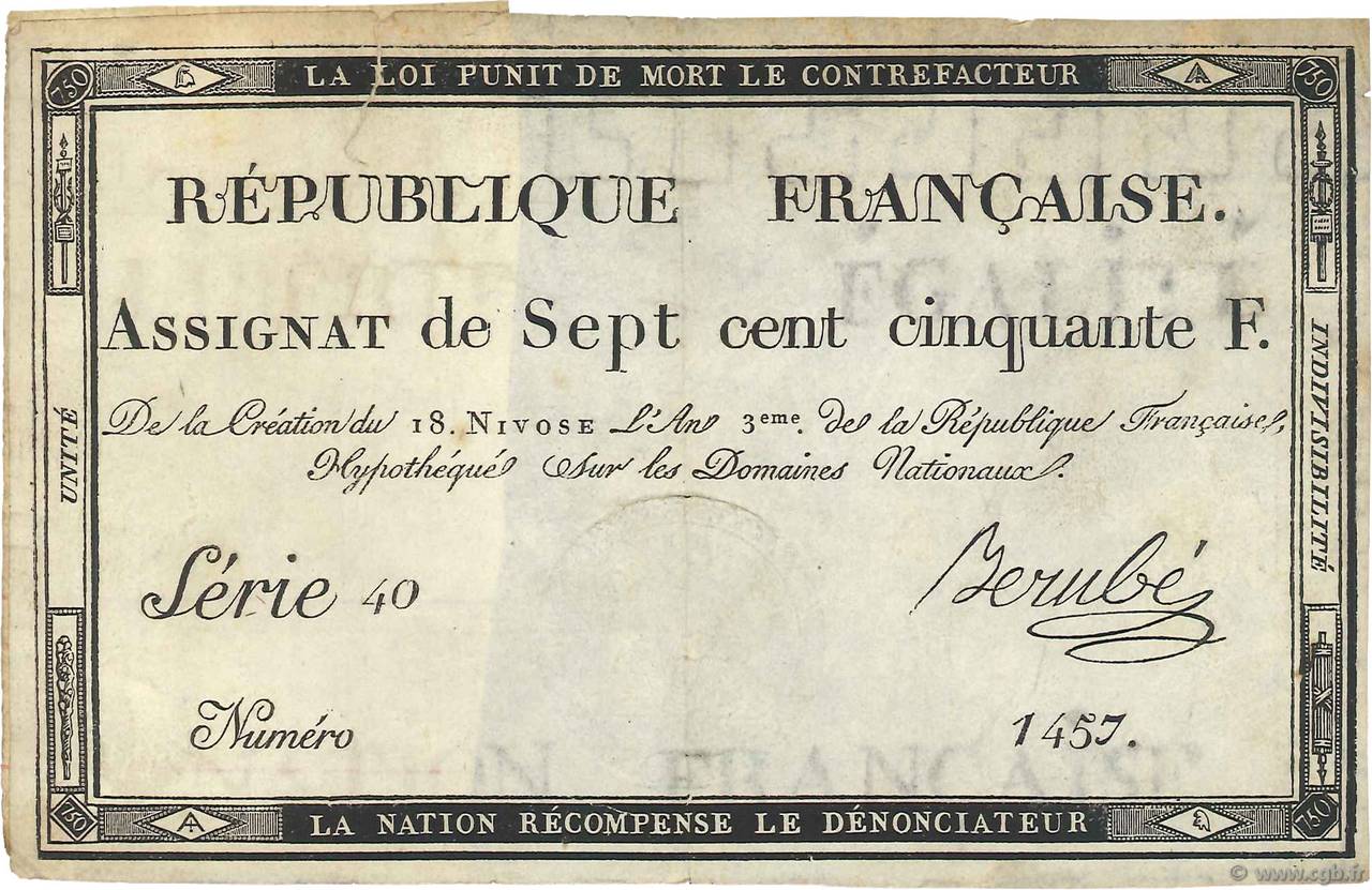 750 Francs FRANCE  1795 Ass.49a F