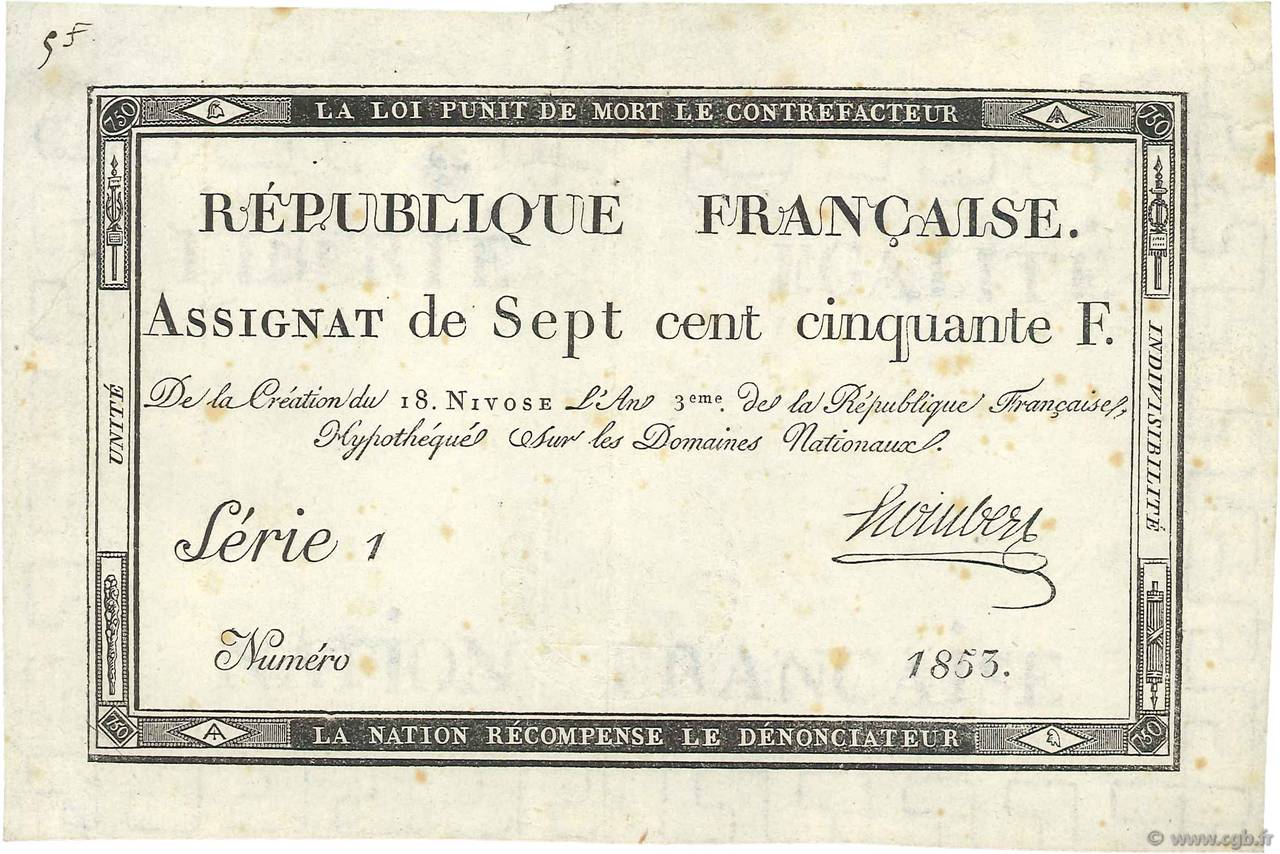 750 Francs Petit numéro FRANCE  1795 Ass.49a TTB+
