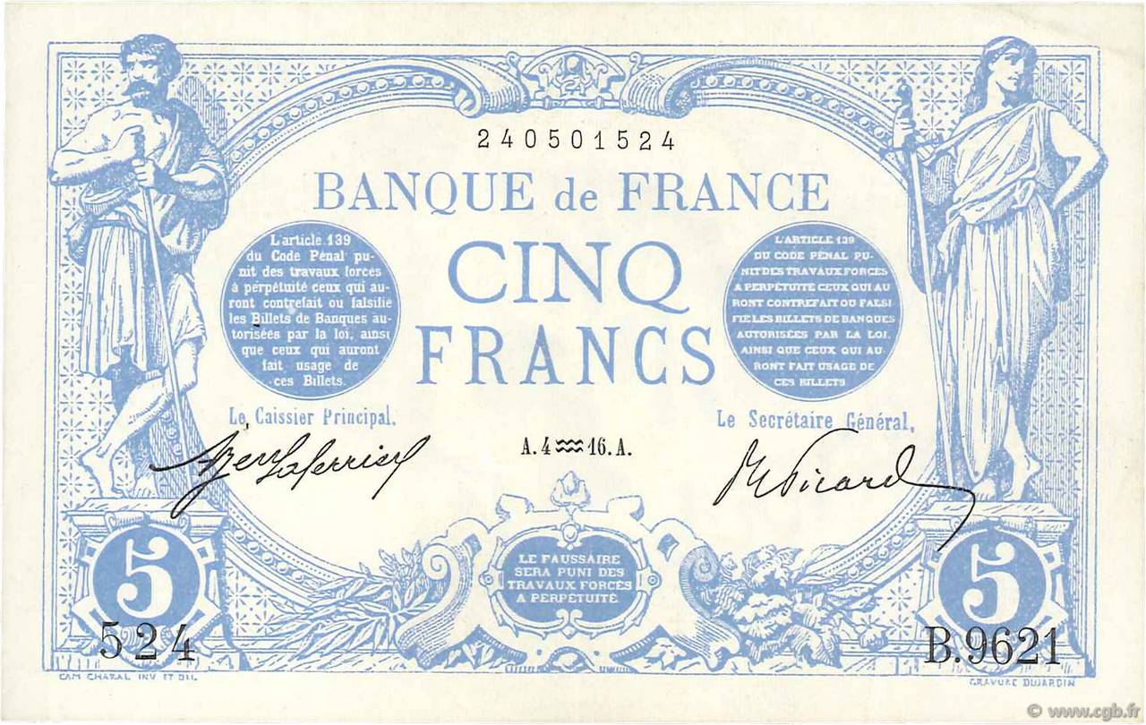 5 Francs BLEU FRANKREICH  1916 F.02.35 VZ+