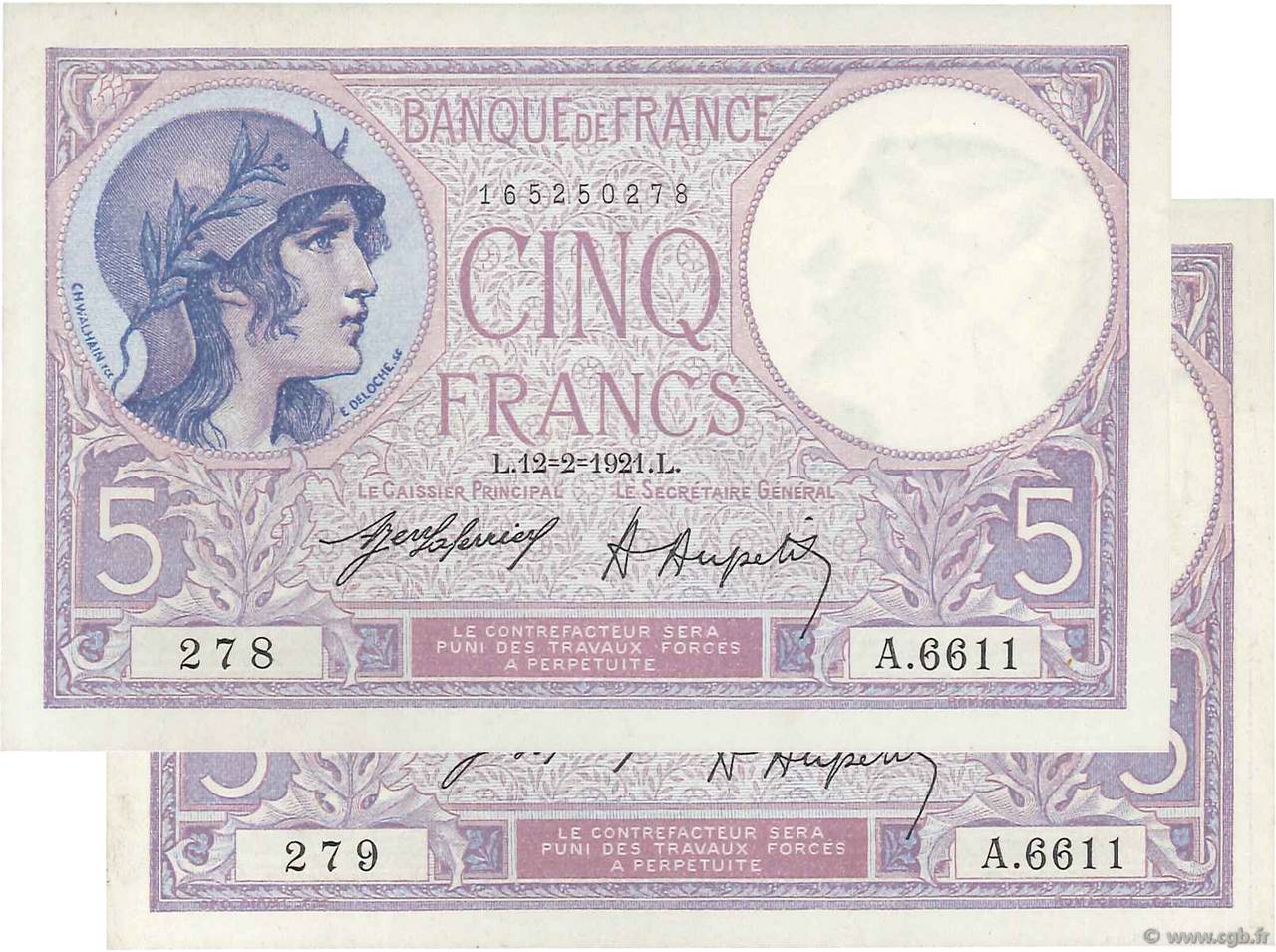 5 Francs FEMME CASQUÉE Consécutifs FRANKREICH  1921 F.03.05 fST+
