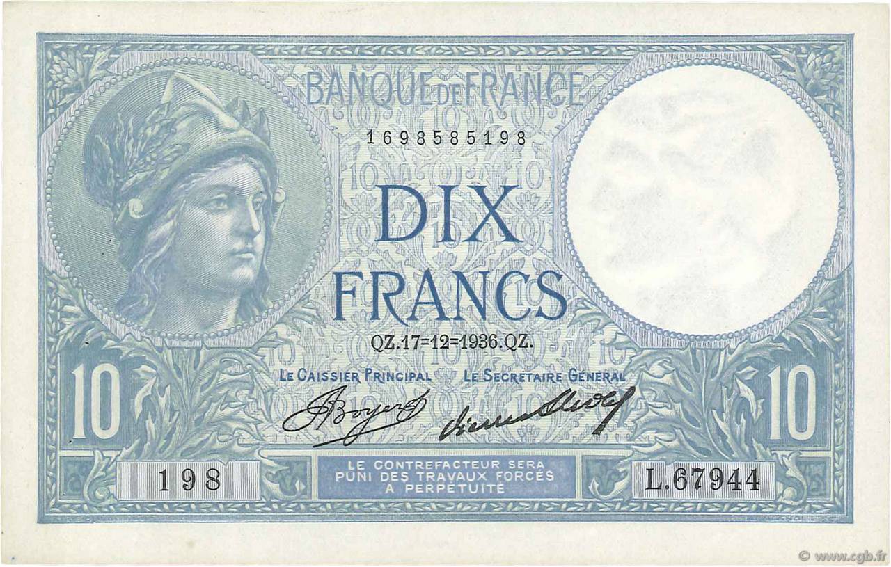 10 Francs MINERVE FRANCE  1936 F.06.17 XF+