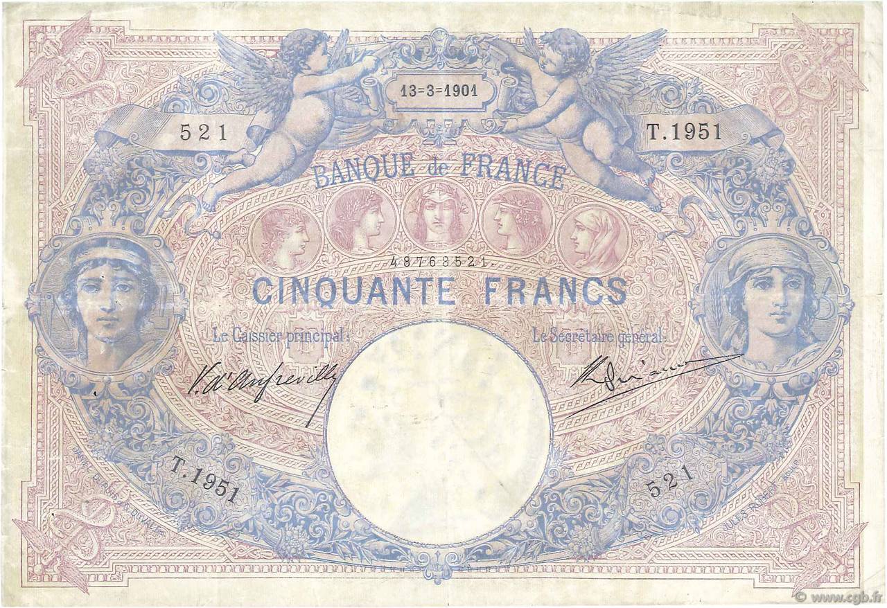 50 Francs BLEU ET ROSE FRANCE  1901 F.14.13 pr.TB