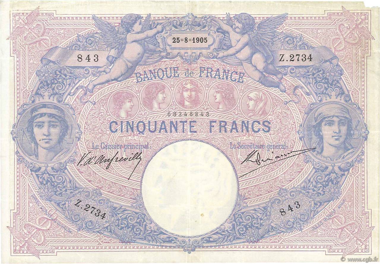 50 Francs BLEU ET ROSE FRANCIA  1905 F.14.17 q.BB