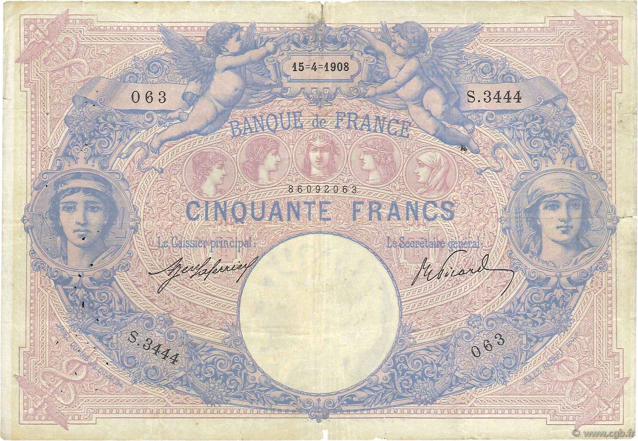 50 Francs BLEU ET ROSE Grand numéro FRANCIA  1908 F.14.21 q.MB