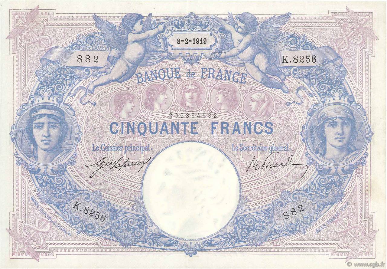 50 Francs BLEU ET ROSE FRANCIA  1919 F.14.32 SPL