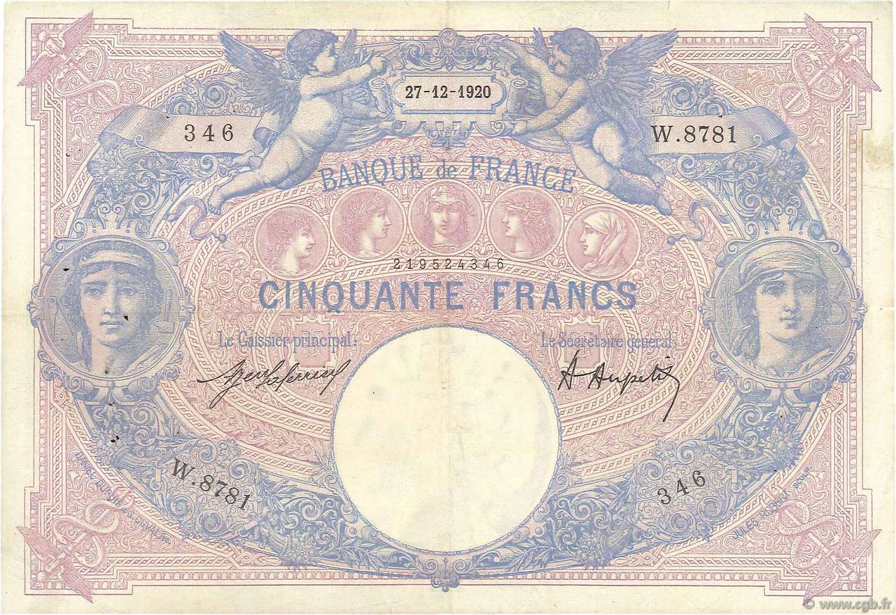 50 Francs BLEU ET ROSE FRANCIA  1920 F.14.33 q.BB