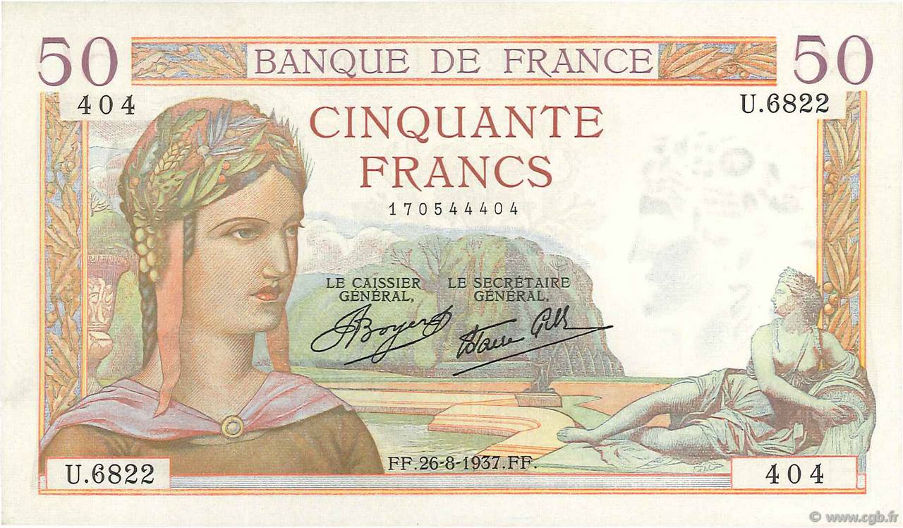 50 Francs CÉRÈS modifié FRANCIA  1937 F.18.02 q.FDC