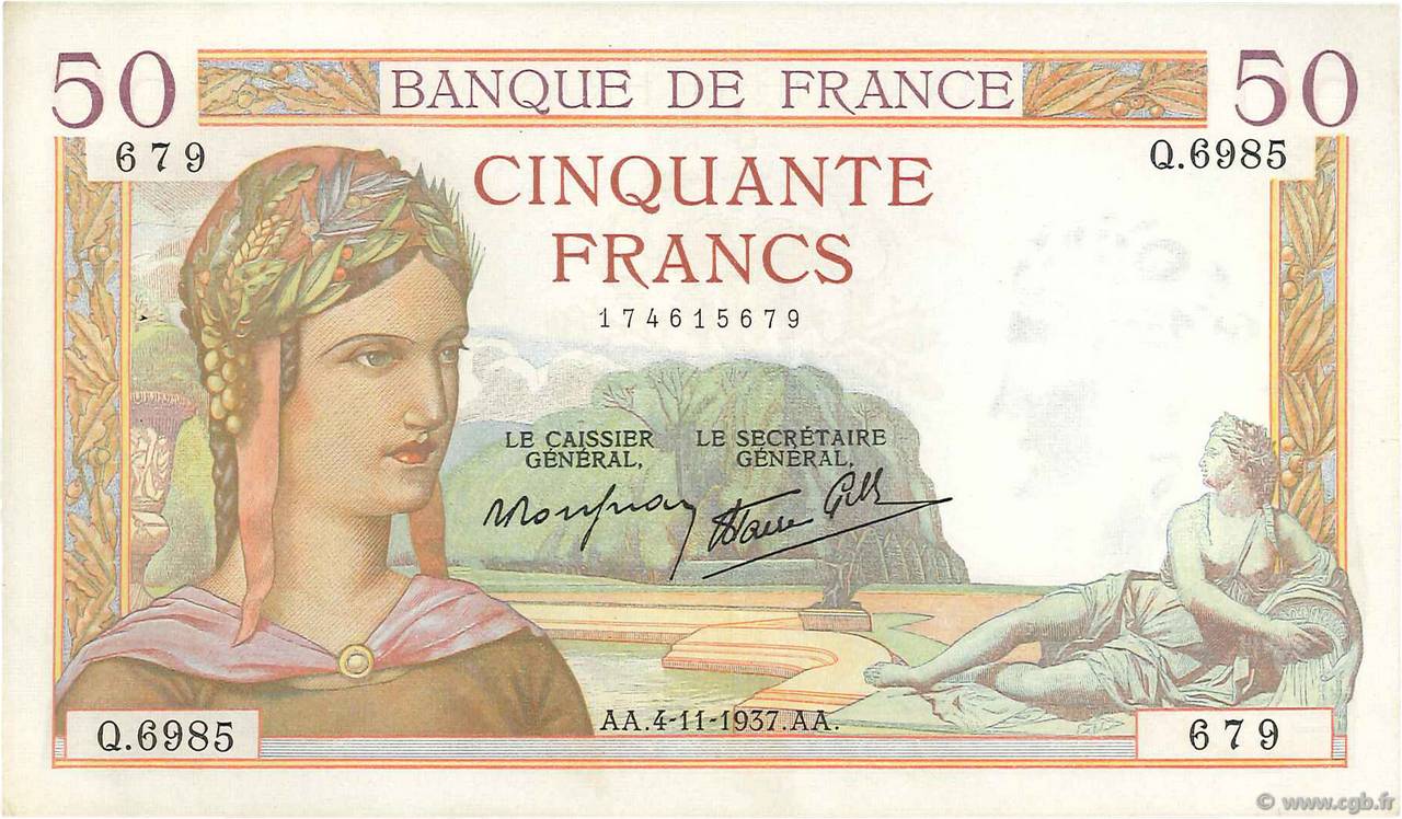 50 Francs CÉRÈS modifié FRANCE  1937 F.18.04 SUP+