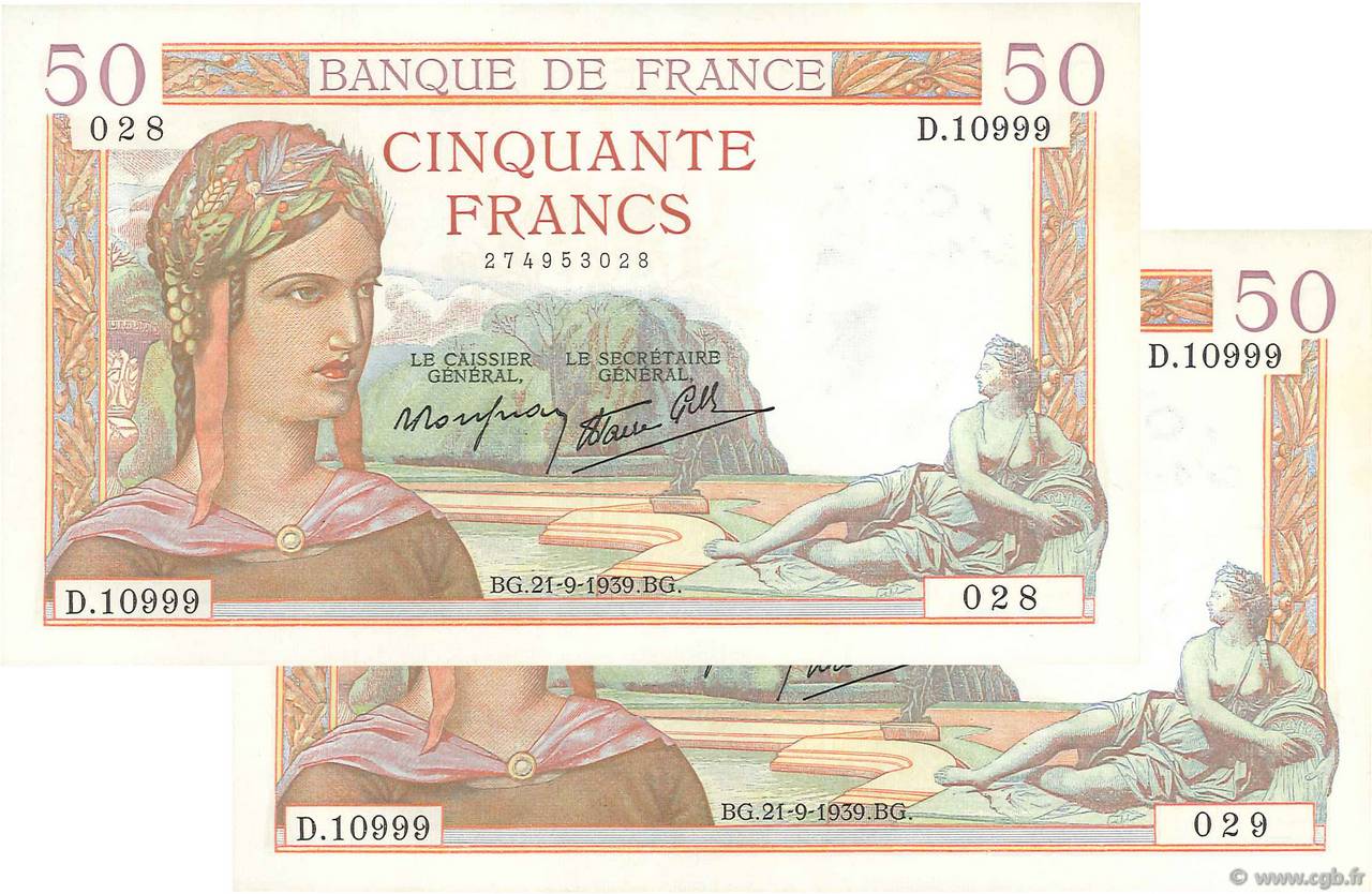 50 Francs CÉRÈS modifié Consécutifs FRANCIA  1939 F.18.31 SC+