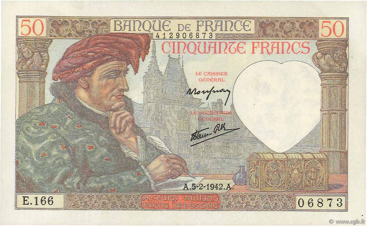 50 Francs JACQUES CŒUR FRANKREICH  1942 F.19.19 VZ+