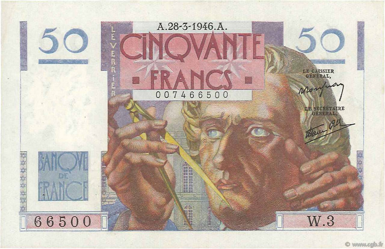 50 Francs LE VERRIER FRANKREICH  1946 F.20.02 VZ+