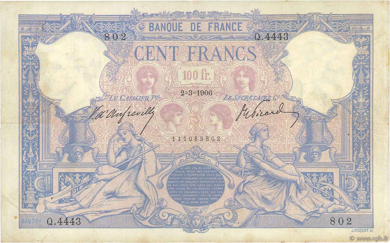 100 Francs BLEU ET ROSE FRANCE  1906 F.21.20 TB à TTB