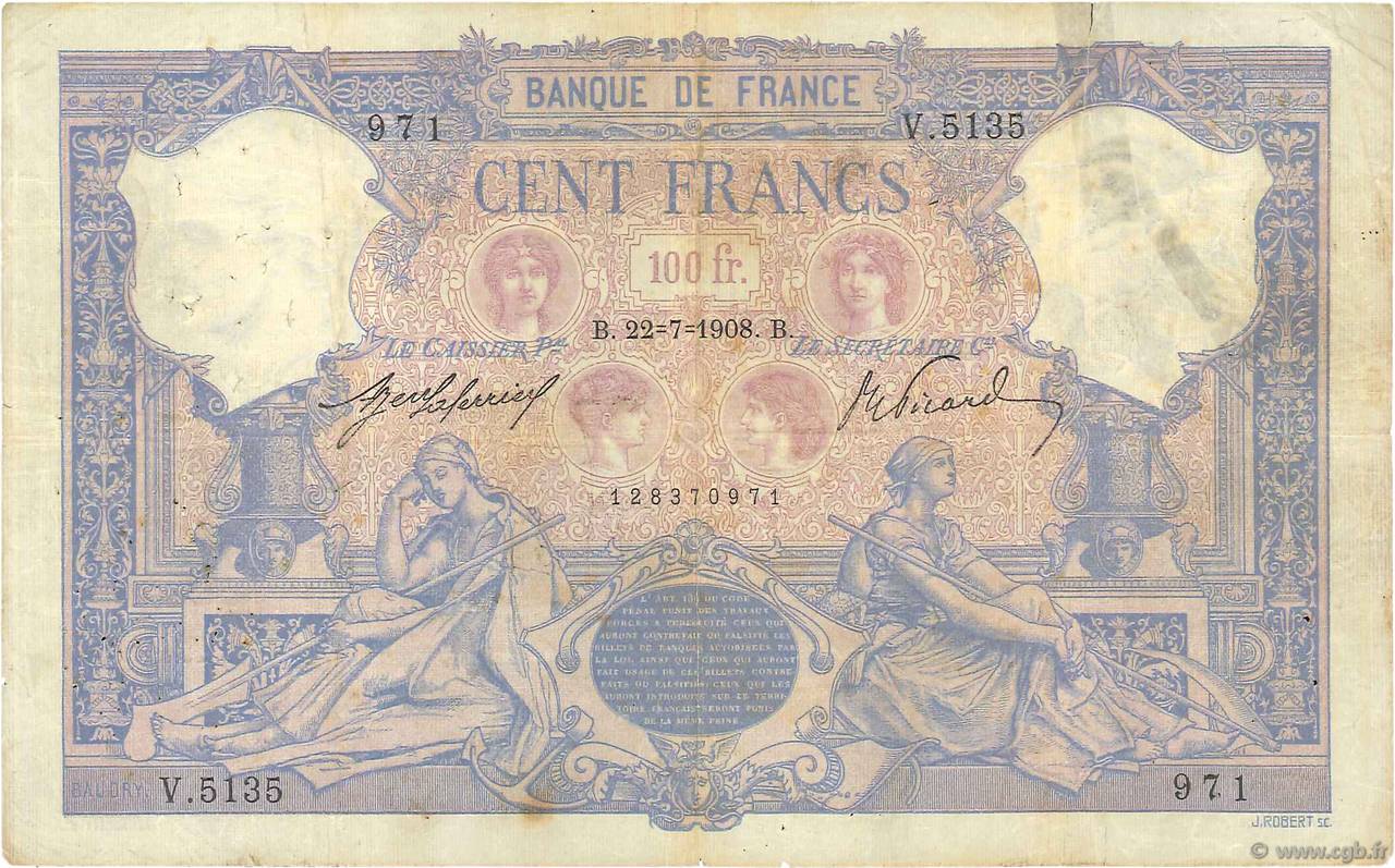 100 Francs BLEU ET ROSE FRANCE  1908 F.21.23 B+