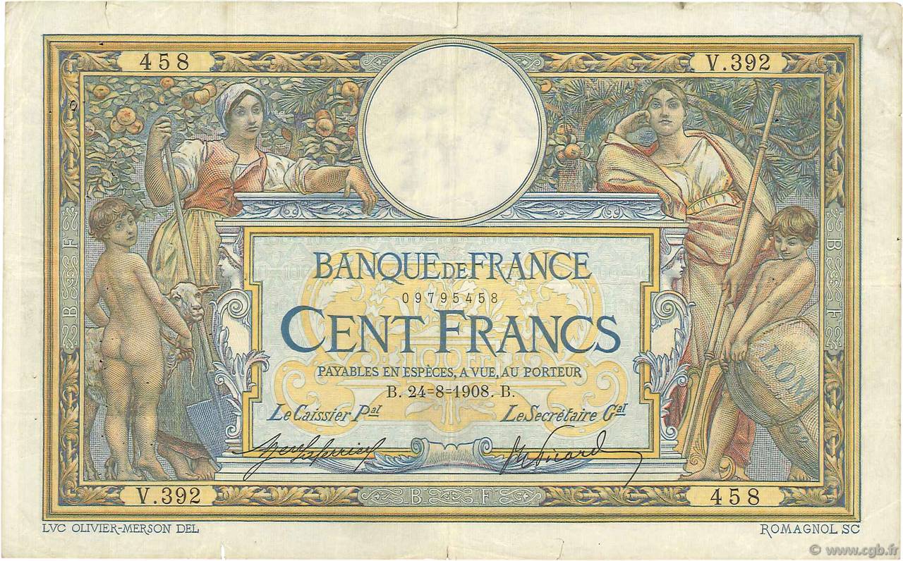 100 Francs LUC OLIVIER MERSON avec LOM FRANCE  1908 F.22.01 pr.TB