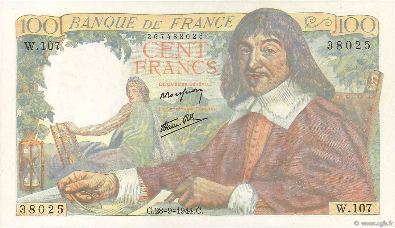 100 Francs DESCARTES FRANCE  1944 F.27.07 UNC