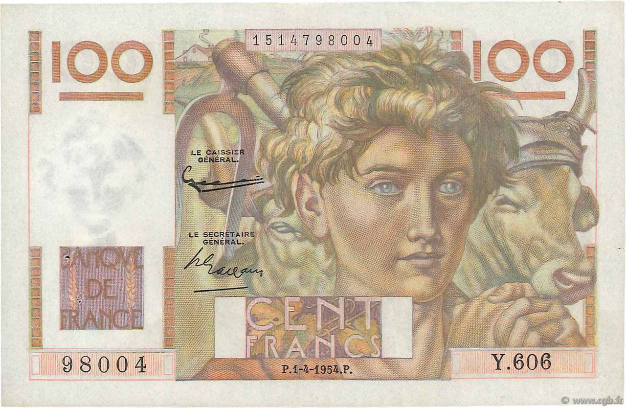 100 Francs JEUNE PAYSAN FRANCE  1954 F.28.43a XF+