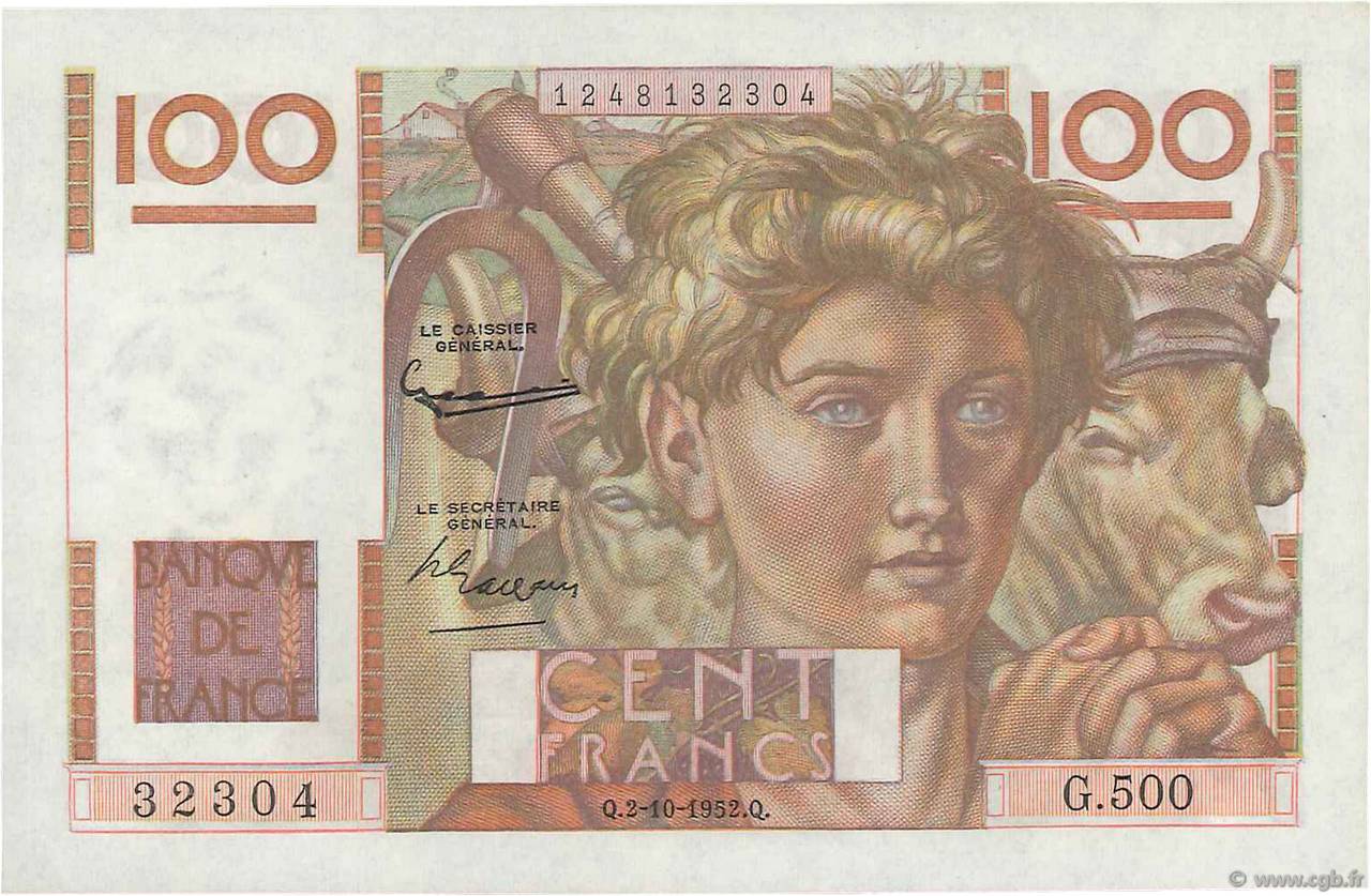 100 Francs JEUNE PAYSAN filigrane inversé FRANCIA  1952 F.28bis.01 AU+