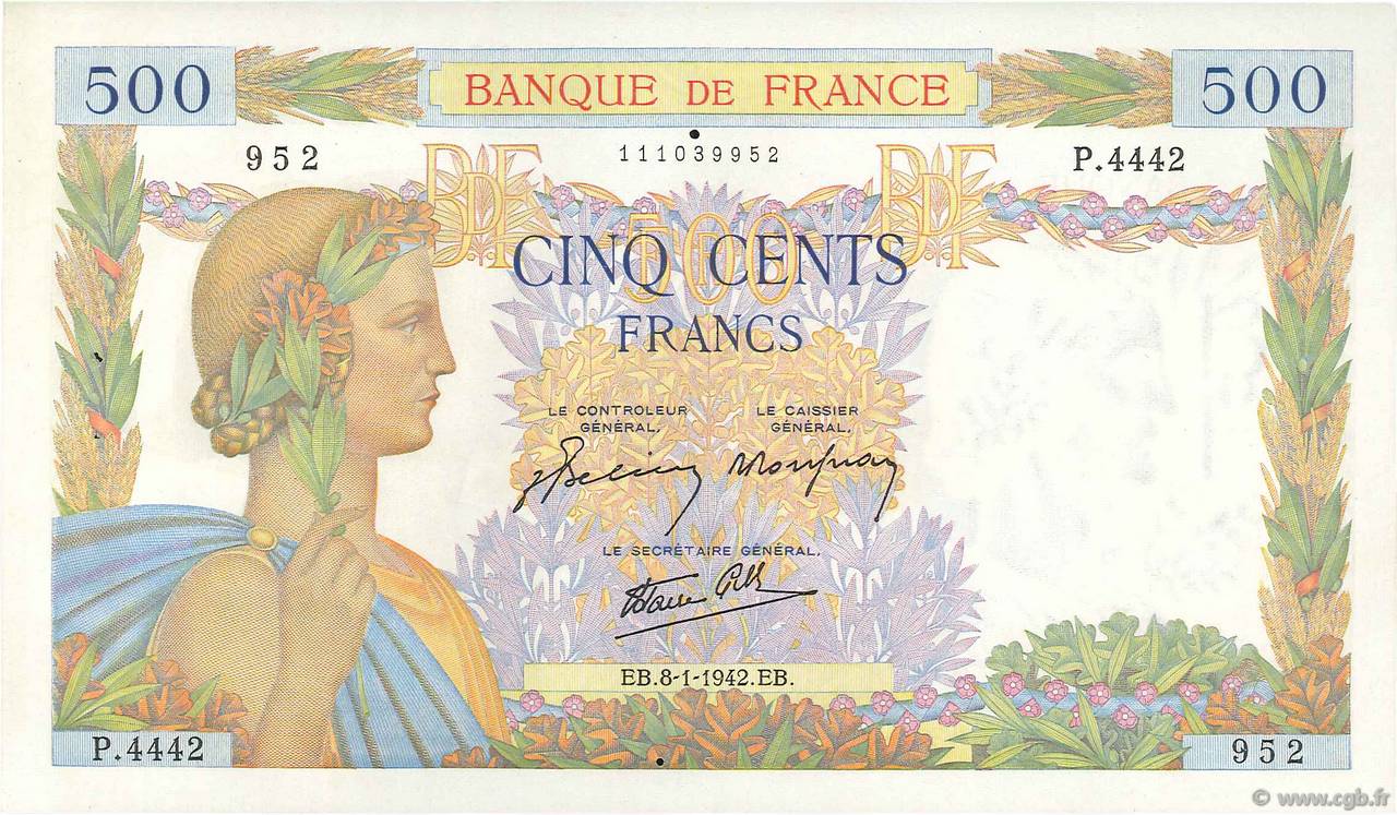 500 Francs LA PAIX FRANCE  1942 F.32.27 XF+