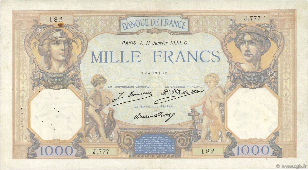 1000 Francs CÉRÈS ET MERCURE FRANCIA  1929 F.37.03 BC+
