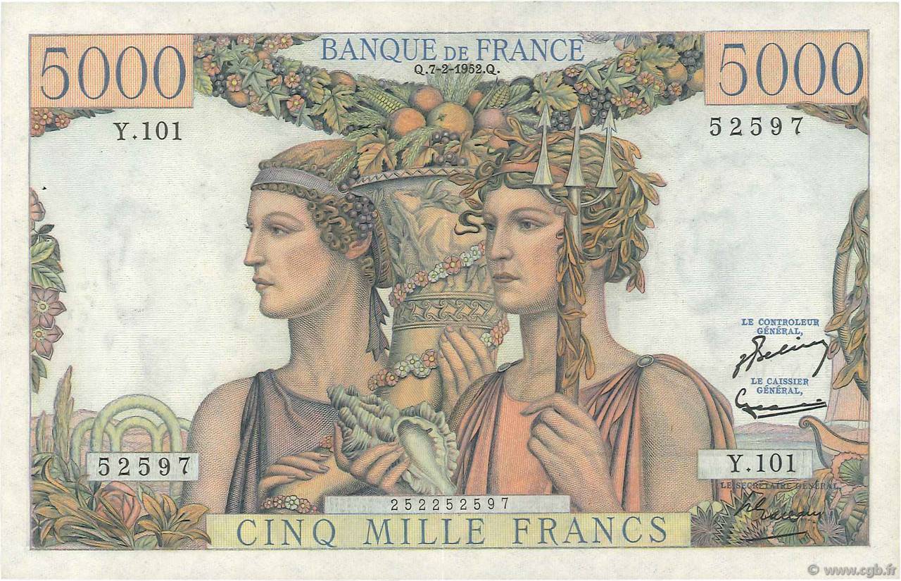 5000 Francs TERRE ET MER FRANCE  1952 F.48.06 XF+