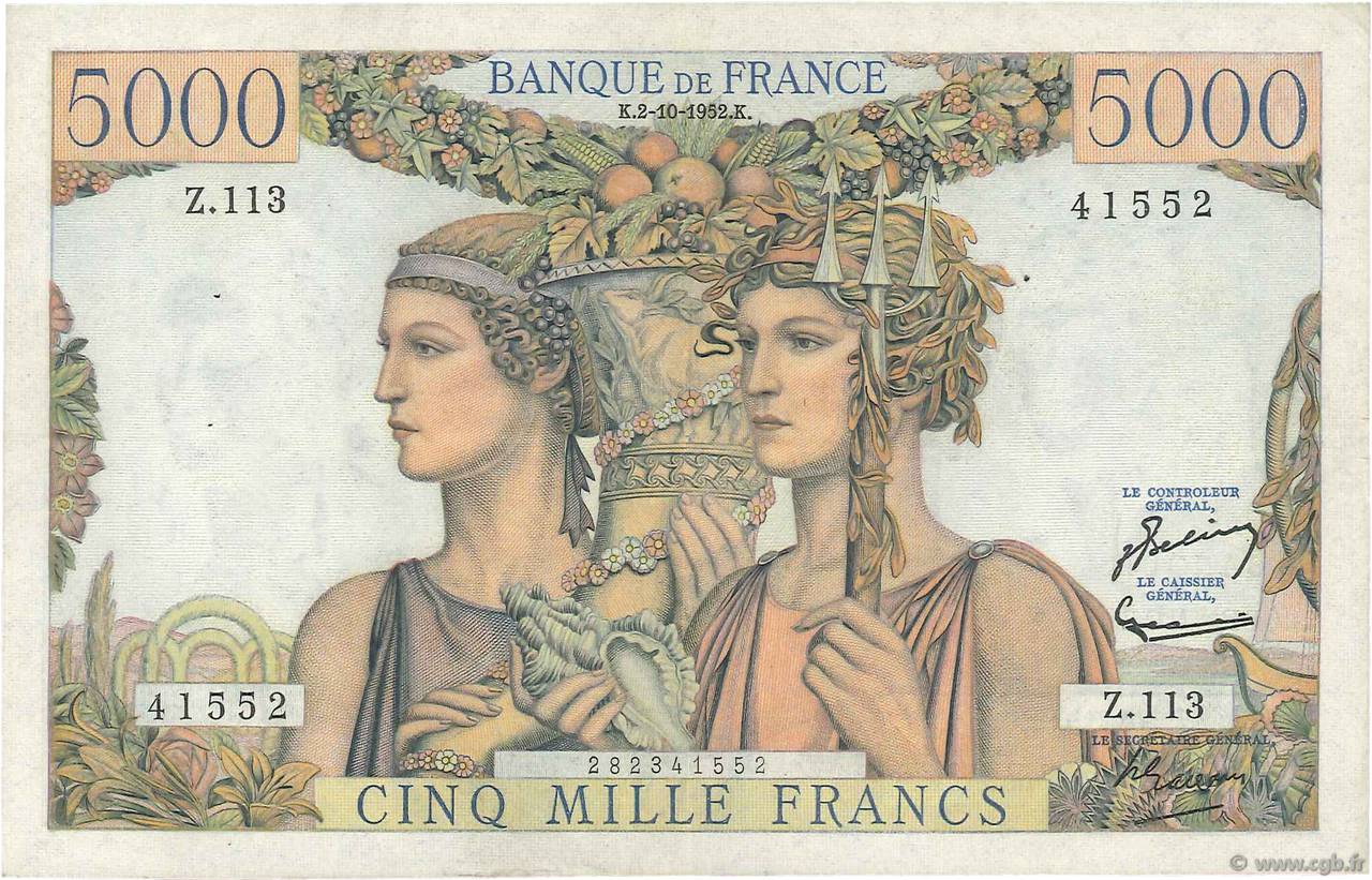 5000 Francs TERRE ET MER FRANCIA  1952 F.48.07 EBC