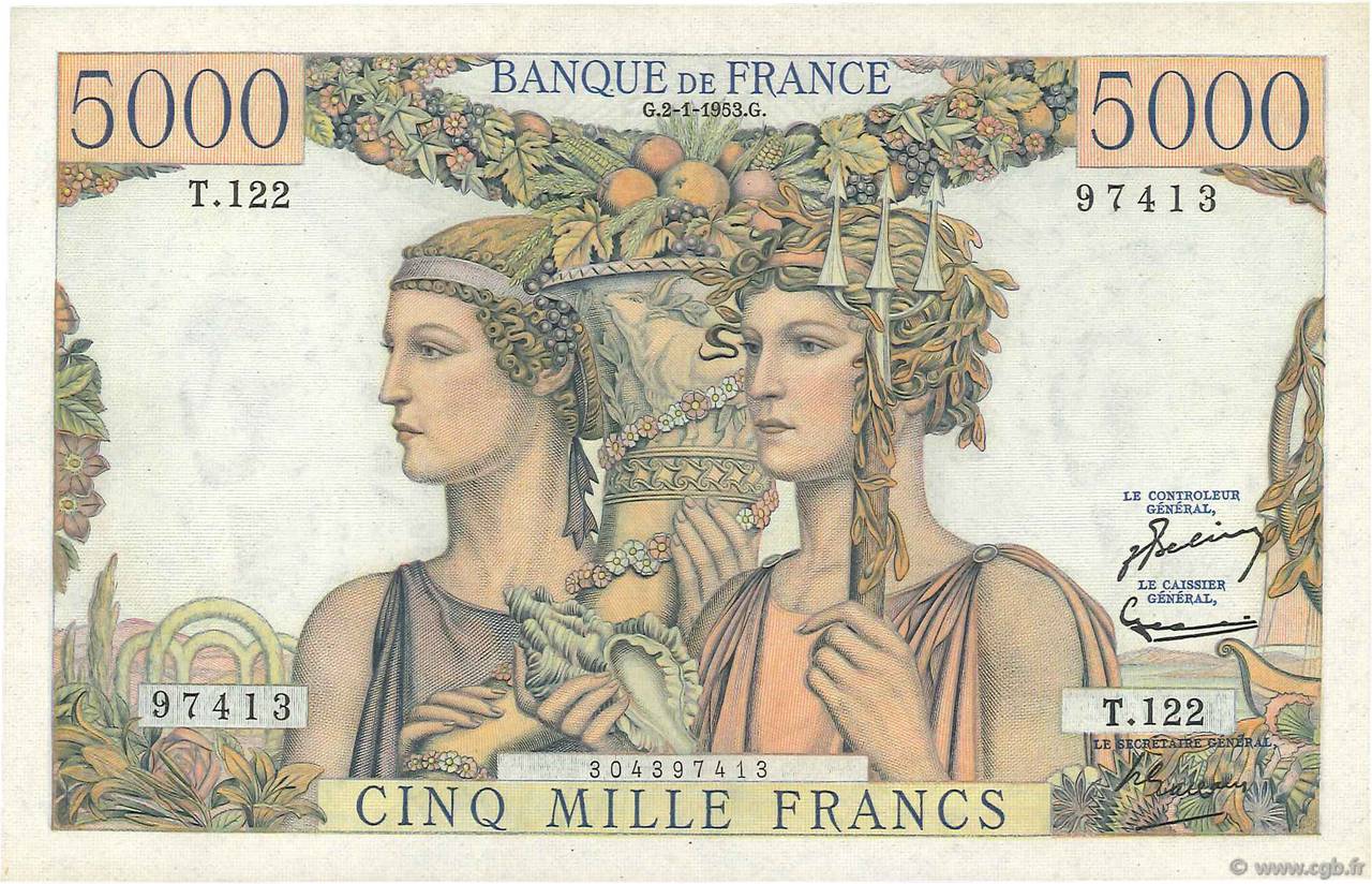 5000 Francs TERRE ET MER FRANCE  1953 F.48.08 AU-