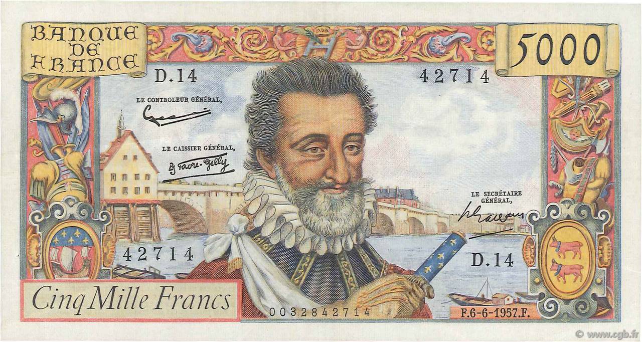 5000 Francs HENRI IV FRANCIA  1957 F.49.02 q.SPL