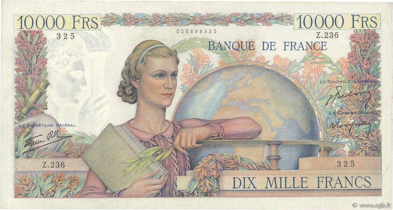 10000 Francs GÉNIE FRANÇAIS FRANCE  1946 F.50.10 VF+