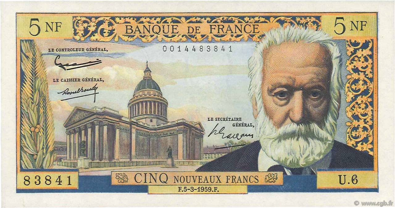5 Nouveaux Francs VICTOR HUGO FRANCE  1959 F.56.01 UNC