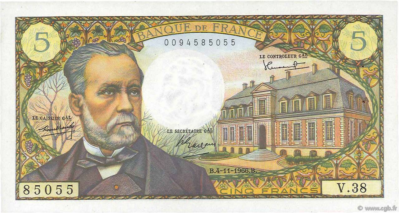 5 Francs PASTEUR FRANCIA  1966 F.61.04 EBC+