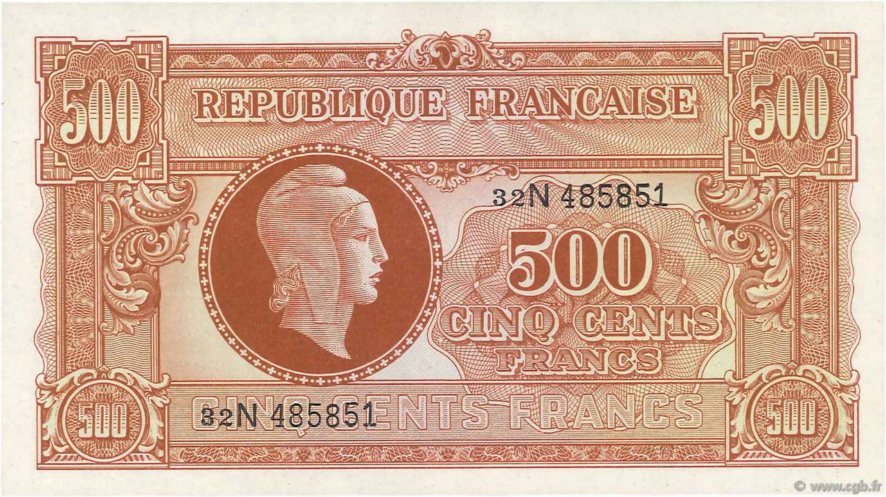 500 Francs MARIANNE fabrication anglaise FRANCIA  1945 VF.11.03 FDC