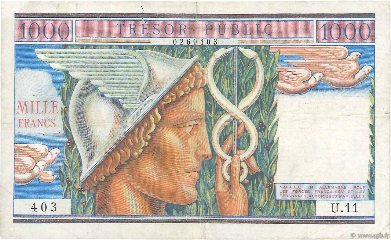 1000 Francs TRÉSOR PUBLIC FRANCIA  1955 VF.35.01 BB