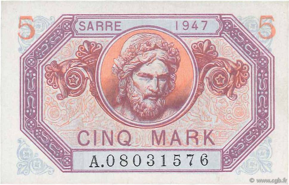5 Mark SARRE FRANCIA  1947 VF.46.01 AU+
