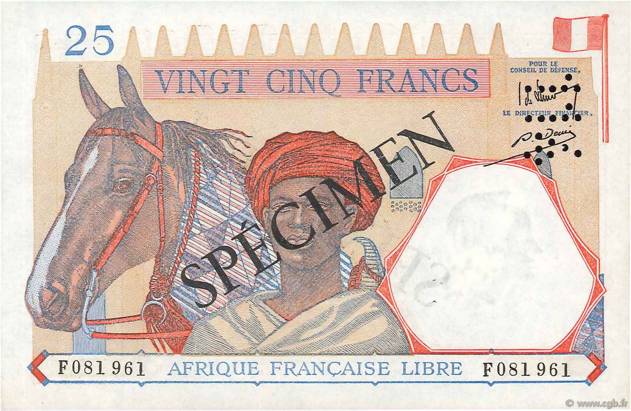 25 Francs Spécimen AFRIQUE ÉQUATORIALE FRANÇAISE Brazzaville 1941 P.07s AU