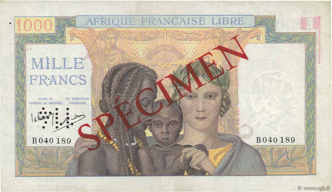 1000 Francs Spécimen AFRIQUE ÉQUATORIALE FRANÇAISE Brazzaville 1943 P.09s MBC