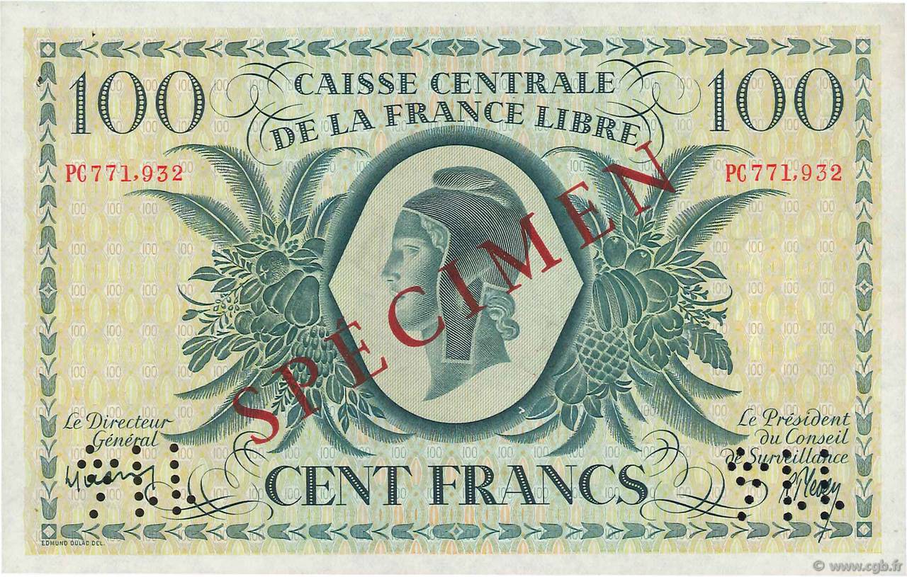 100 Francs Spécimen AFRIQUE ÉQUATORIALE FRANÇAISE Brazzaville 1941 P.13s SC