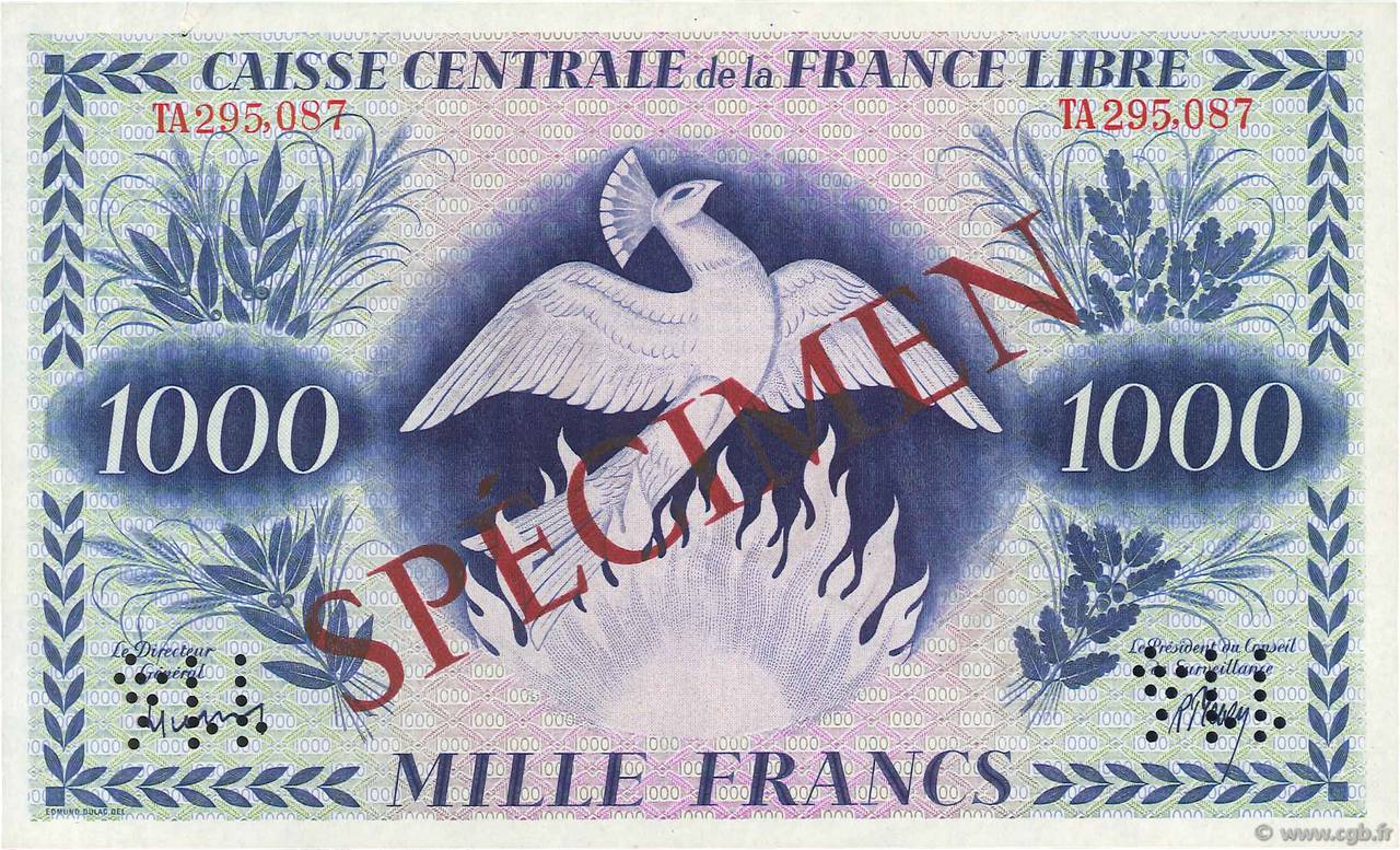 1000 Francs Phénix Spécimen FRENCH EQUATORIAL AFRICA Brazzaville 1941 P.14s1 XF