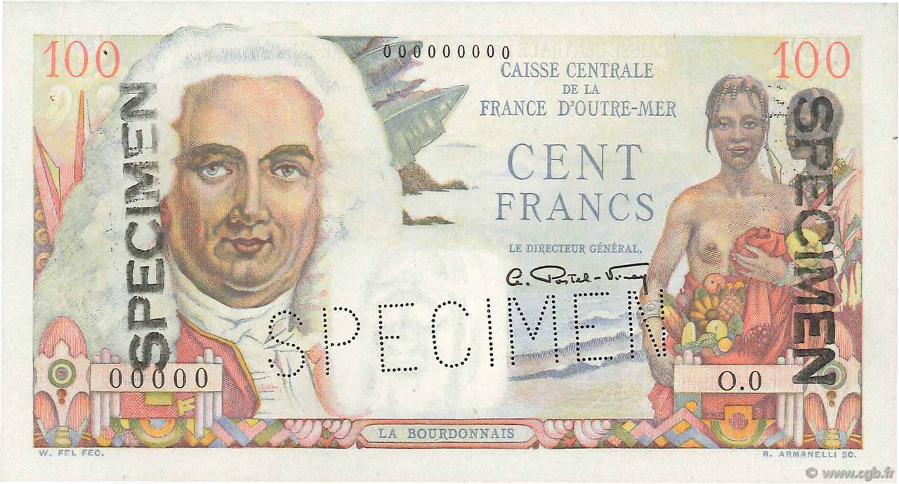 100 Francs La Bourdonnais Spécimen AFRIQUE ÉQUATORIALE FRANÇAISE  1947 P.24s AU