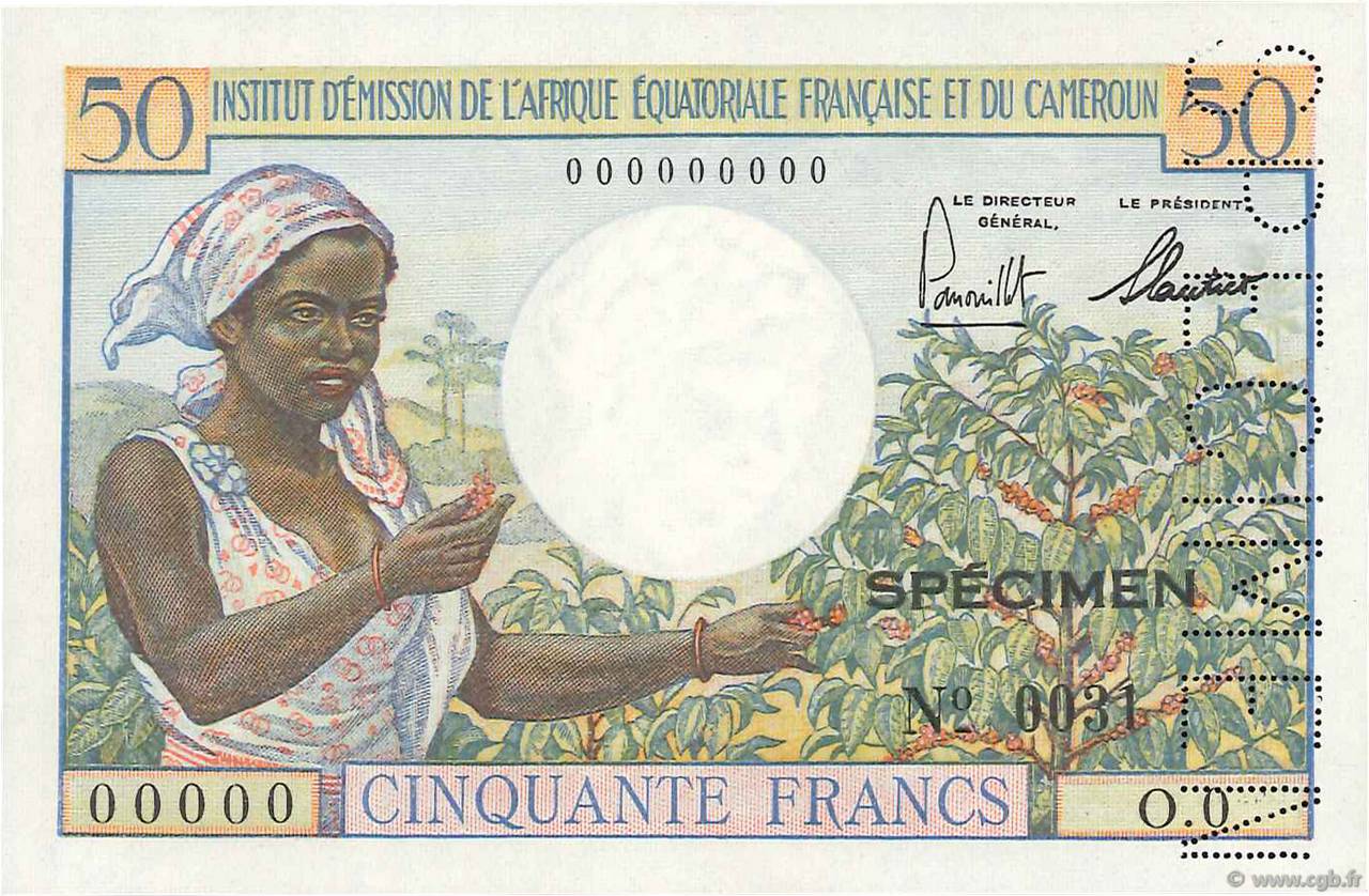 50 Francs Spécimen AFRIQUE ÉQUATORIALE FRANÇAISE  1957 P.31s FDC
